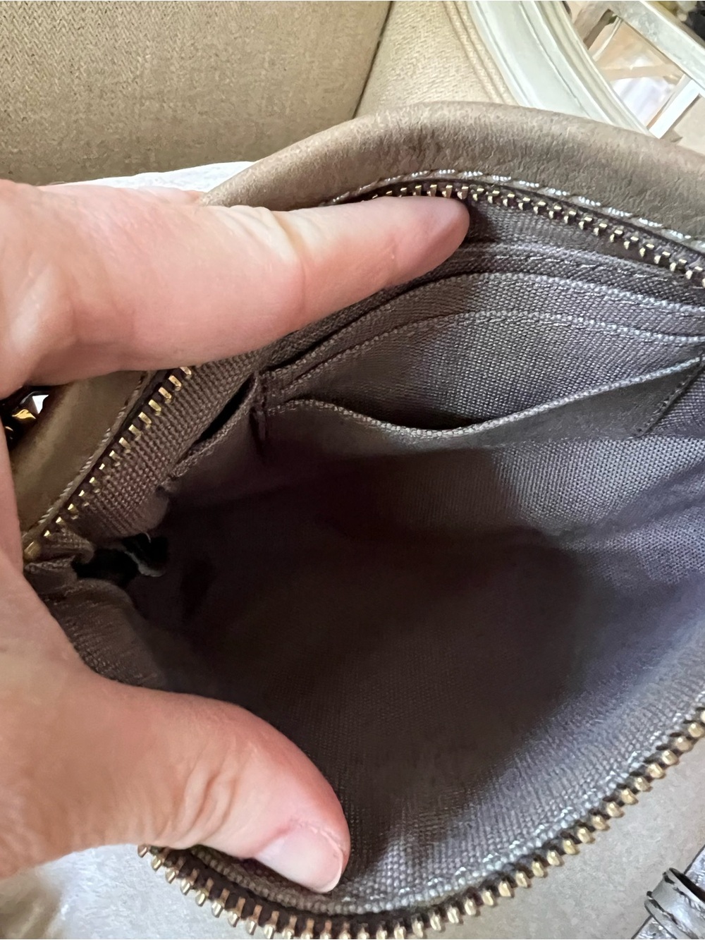 Frye Gray-Taupe Leather Crossbody with Gold Hardware. - Picture 4 of 9